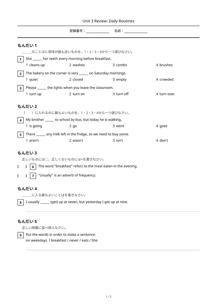 JLPT-style Japanese paper: Student paper: 1–4 options and JLPT-style instructions