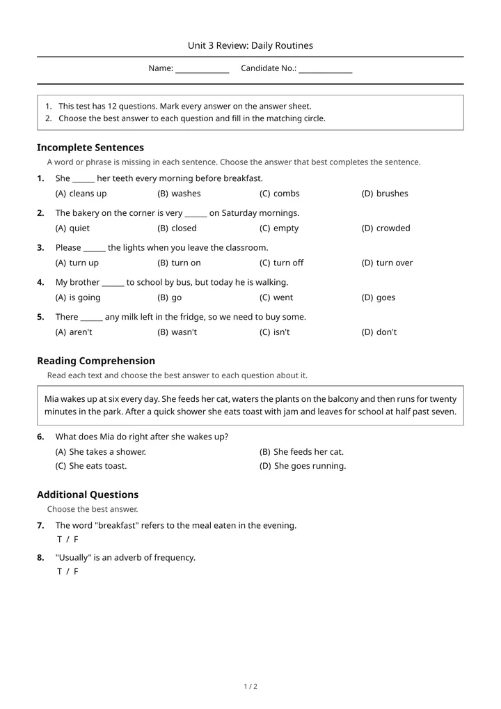 TOEIC-style English paper: Student paper: English part titles and candidate fields
